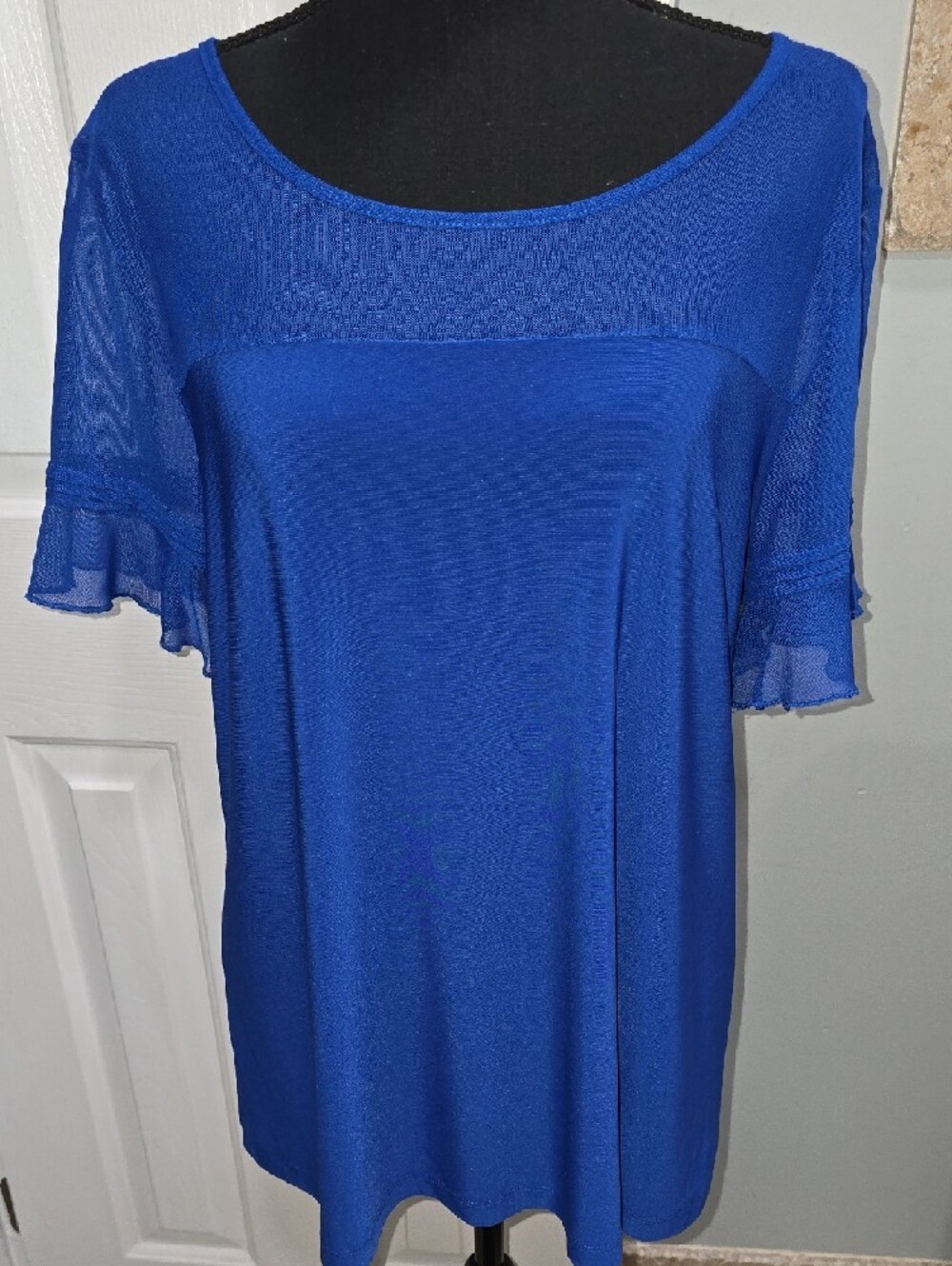 Per Seption Blue Mesh Sleeve Scoop Neck Top Size L - Picture 2 of 11